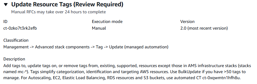 Update Resource Tags interface showing ID, execution mode, version, and description.