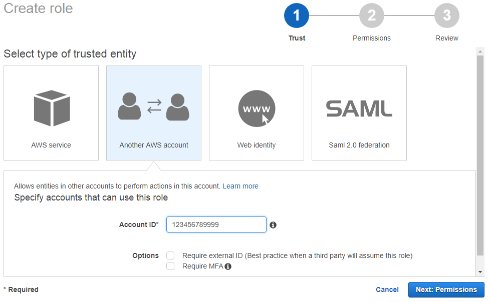 Interface for creating a role, showing options to select trusted entity types for Comptes AWS.