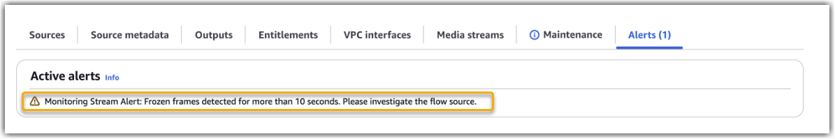 Une alerte de qualité du contenu affichée sur la page de détails MediaConnect d'un flux.