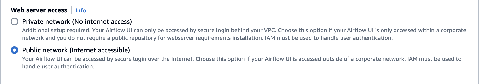 Cette image indique où trouver l'option Réseau public sur la console Amazon MWAA.