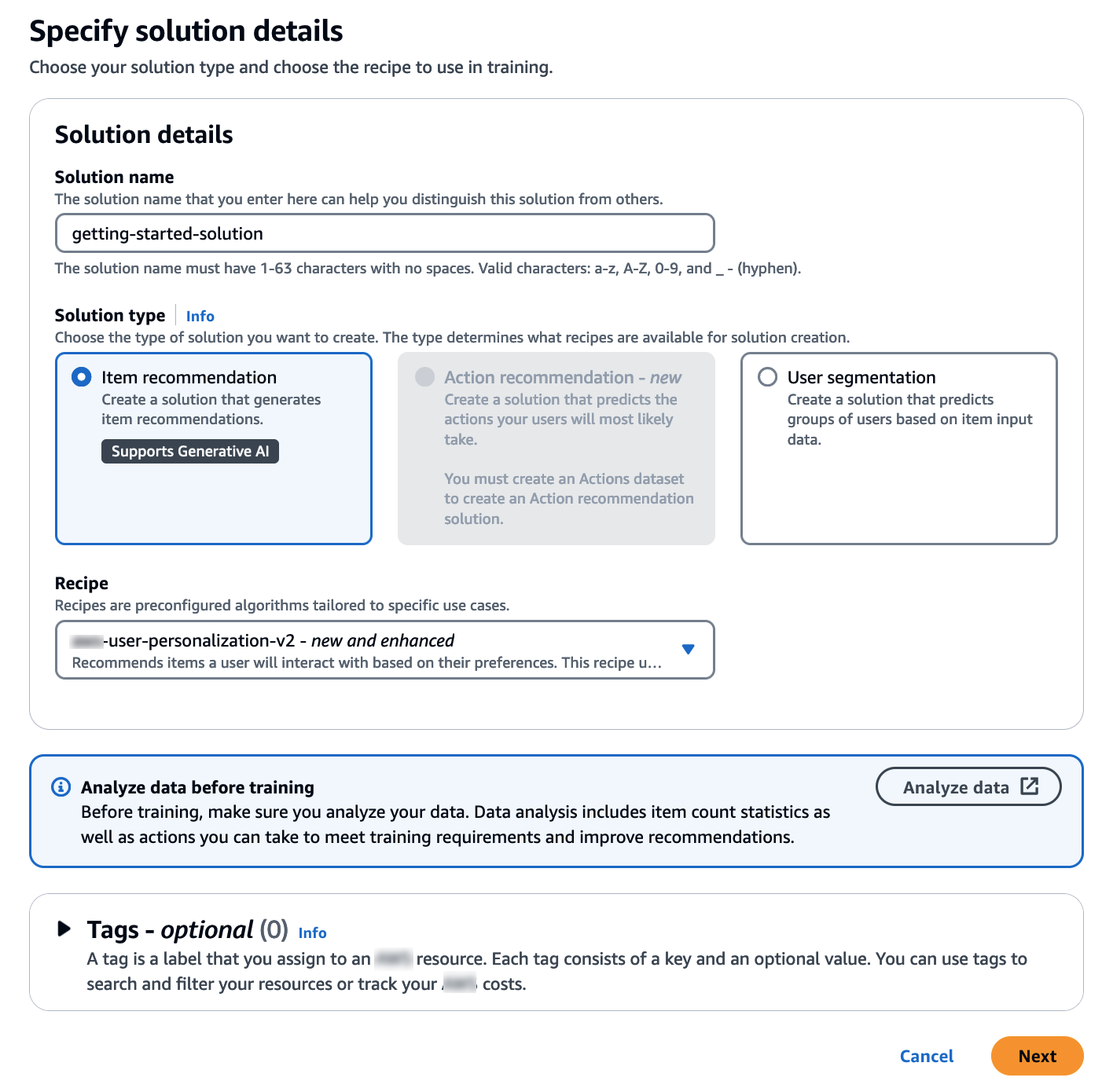 Représente la page Configurer la solution avec les champs du nom, du type et de la recette de la solution.