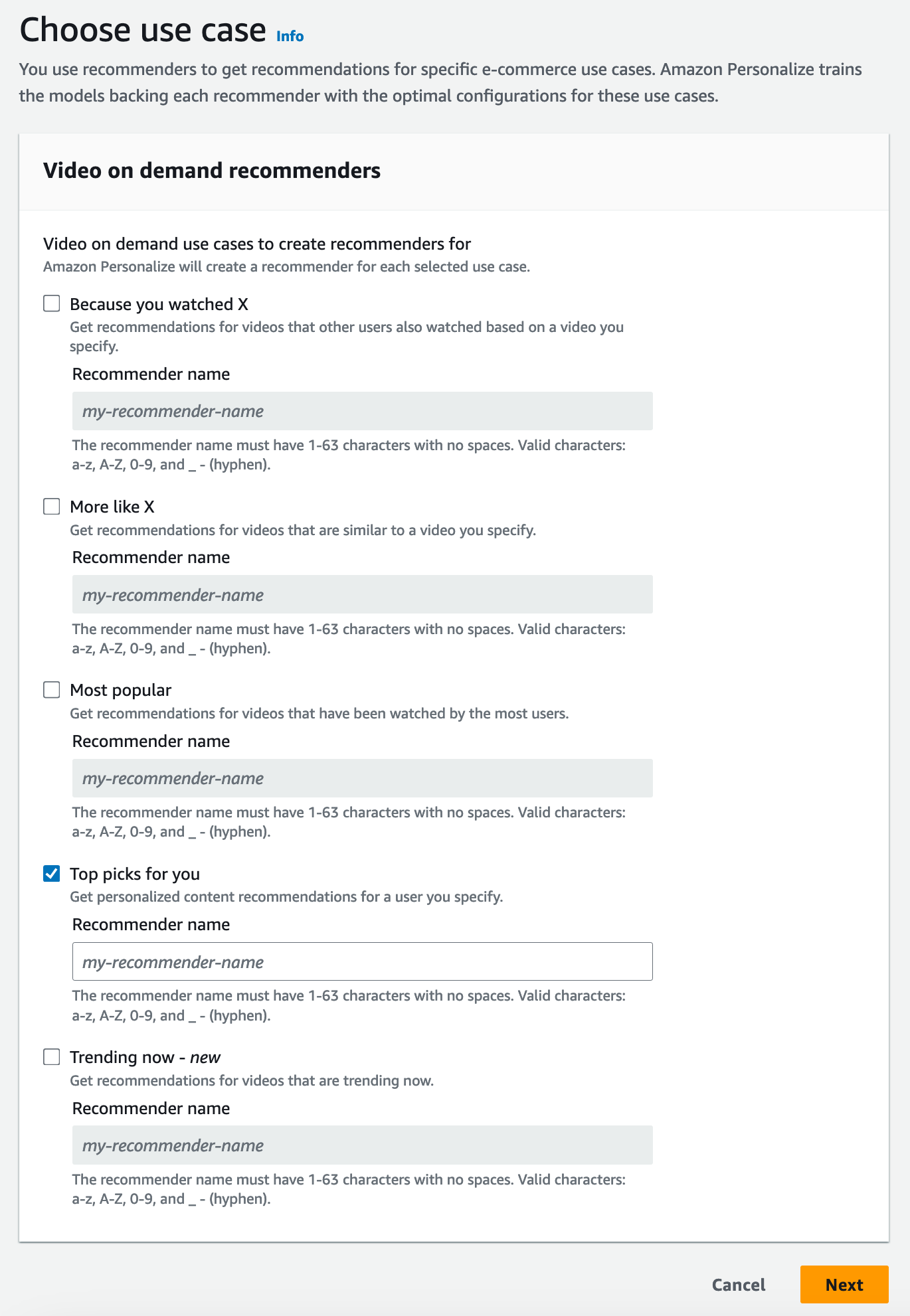 Représente la page Choisir un cas d'utilisation avec une liste des options de cas d'utilisation à choisir.
