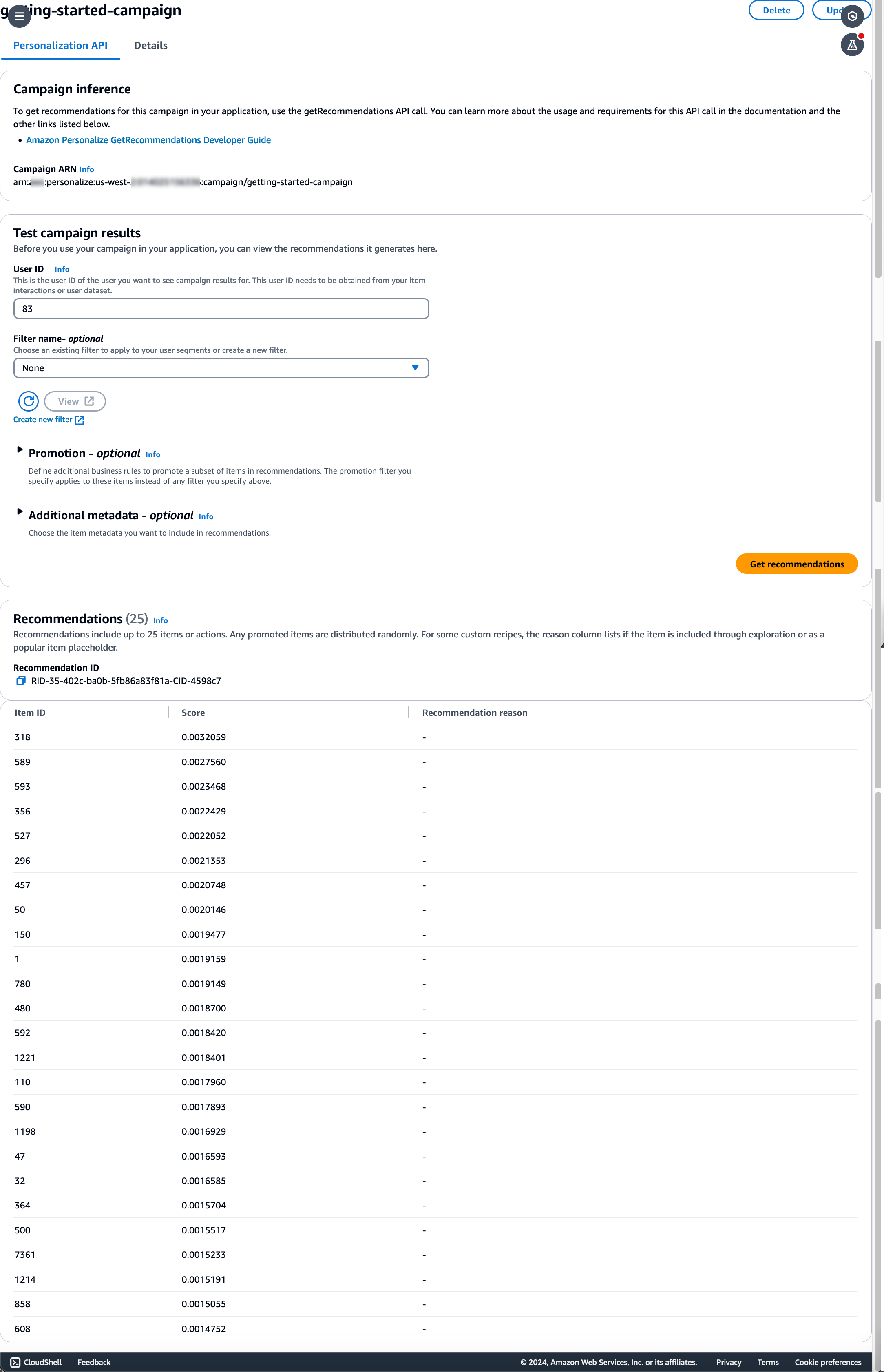 Représente la section Campagne de test pour une campagne avec des résultats de recommandation.