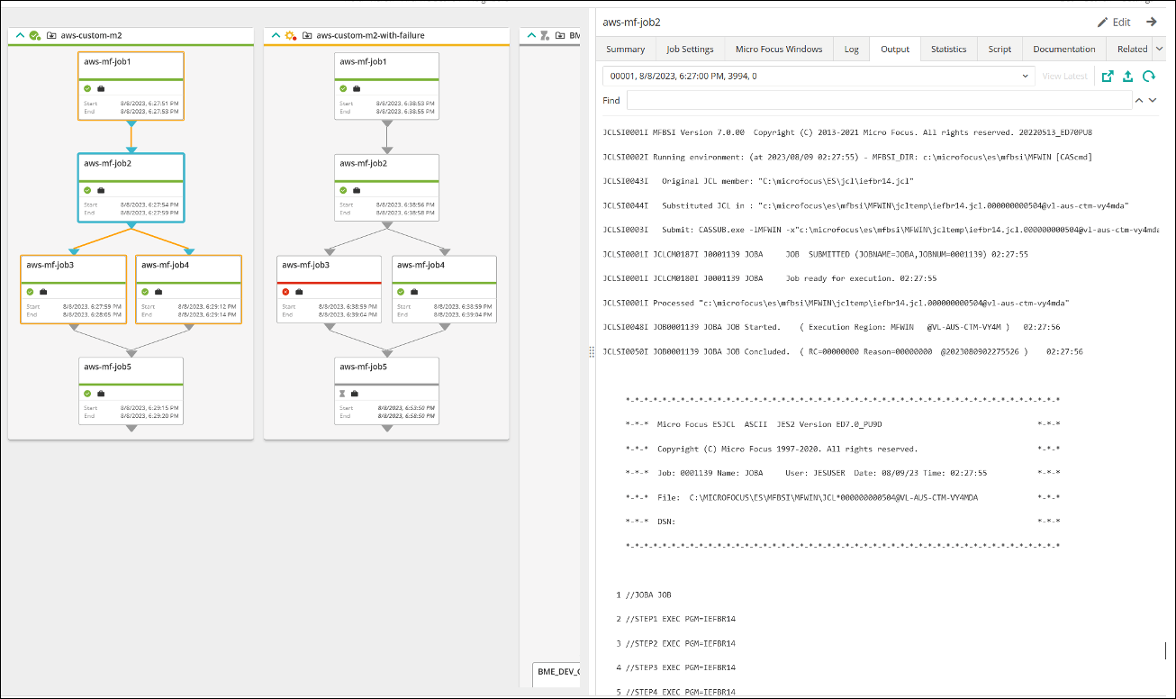 Diagrammes de flux de travail sur le côté gauche, suivi de la sortie dans l'onglet Sortie du volet droit.