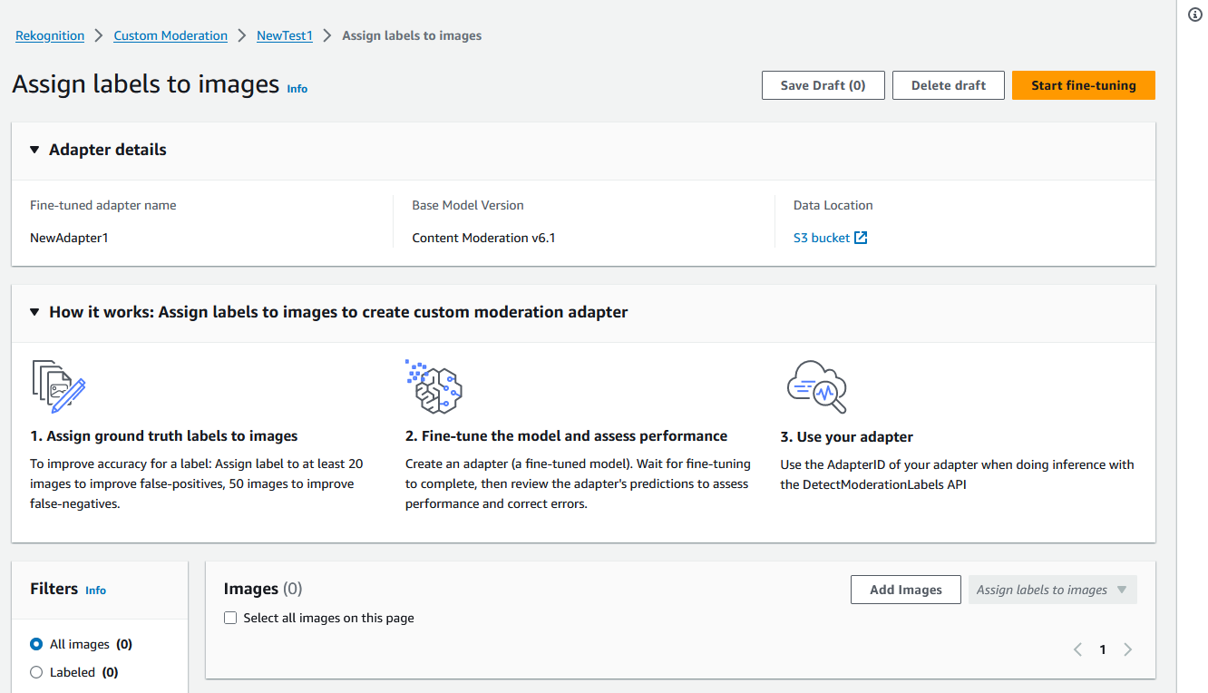 Interface d'étiquetage d'images avec instructions, détails de l'adaptateur et panneau d'image vide.