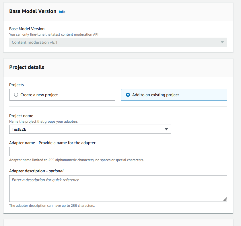 Interface permettant de créer un nouvel adaptateur de modération de contenu ou de l'ajouter à un projet existant, avec des options permettant de nommer l'adaptateur et le projet.