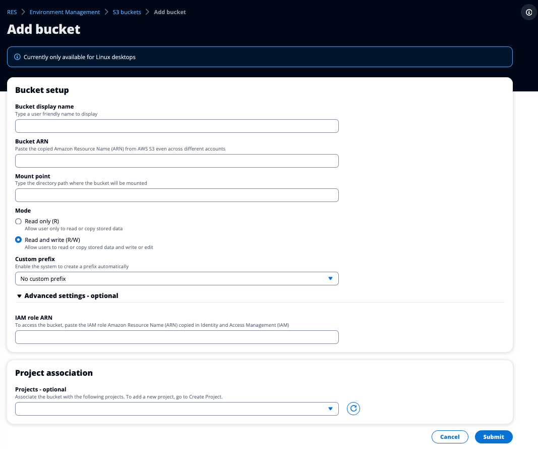 Ajouter une page de bucket indiquant les champs de configuration de bucket disponibles et le bouton d'envoi