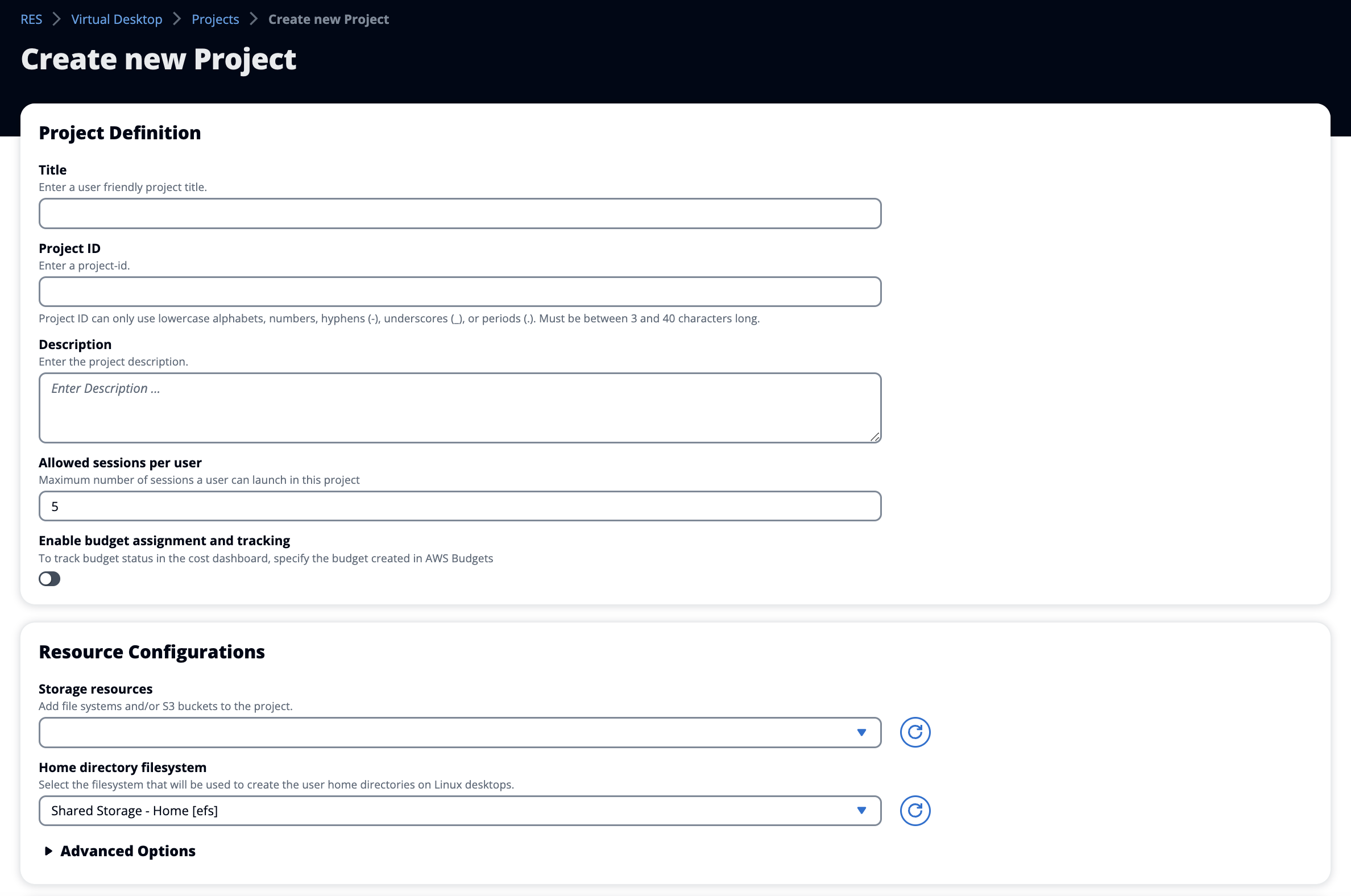 Création d'un nouveau projet avec des configurations de ressources