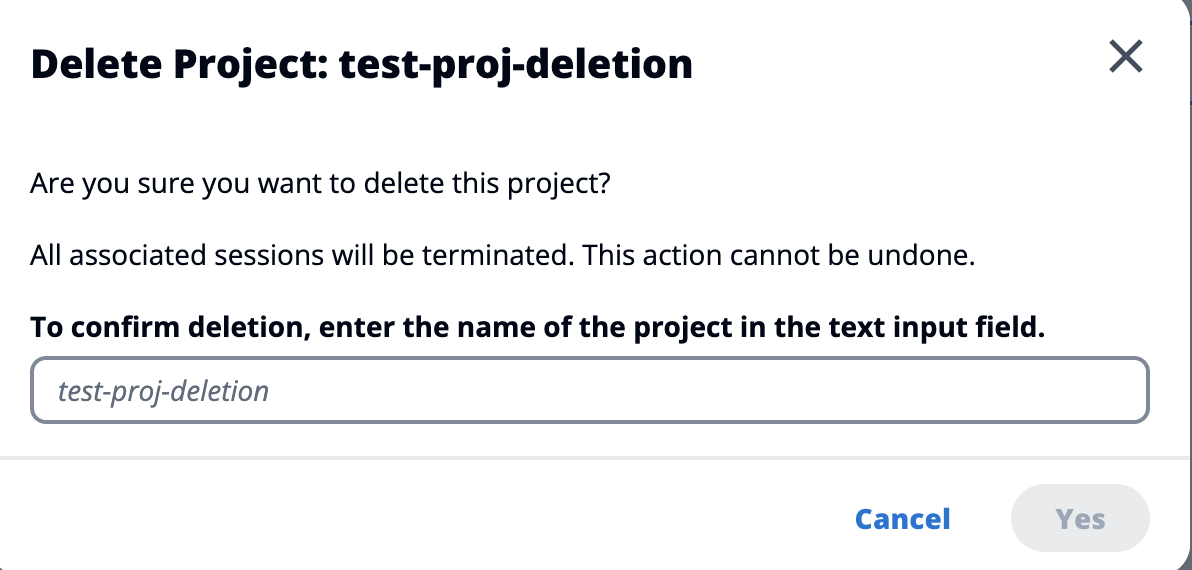 Fenêtre contextuelle de confirmation des projets