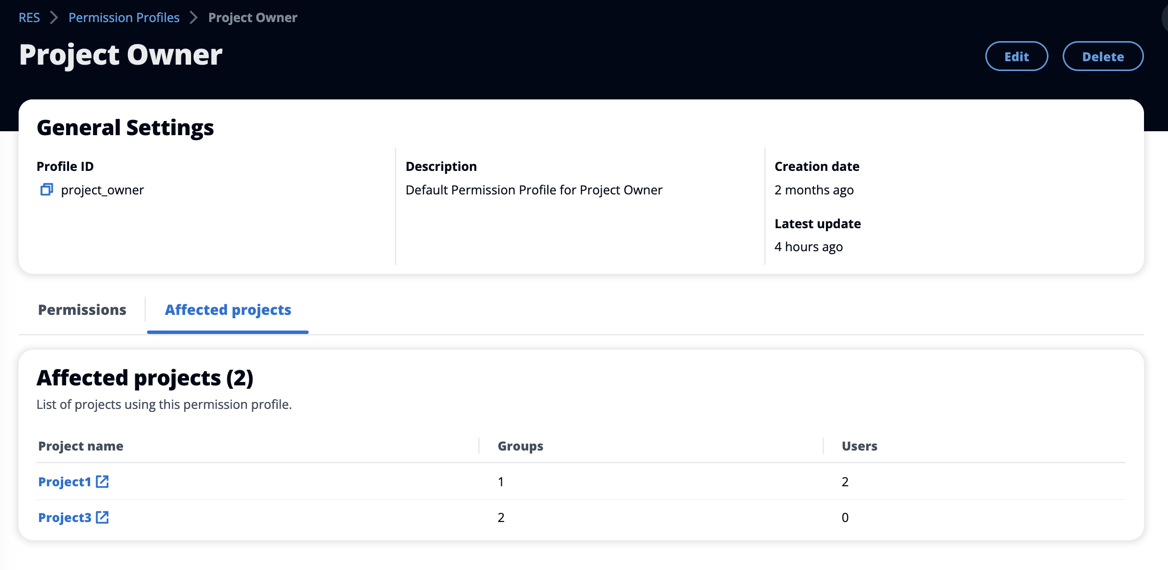 les administrateurs peuvent consulter les projets concernés par les profils d'autorisation