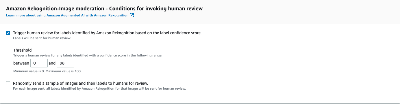 Console Amazon A2I indiquant les conditions d’invocation de la section de vérification humaine.