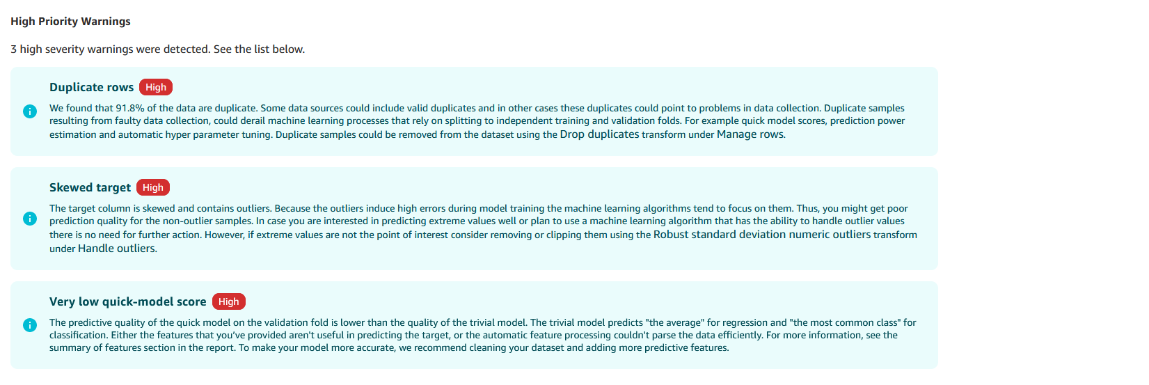 Les données Lignes dupliquées, Cible biaisée et Score de modèle rapide très faible sont répertoriées en tant qu’informations.