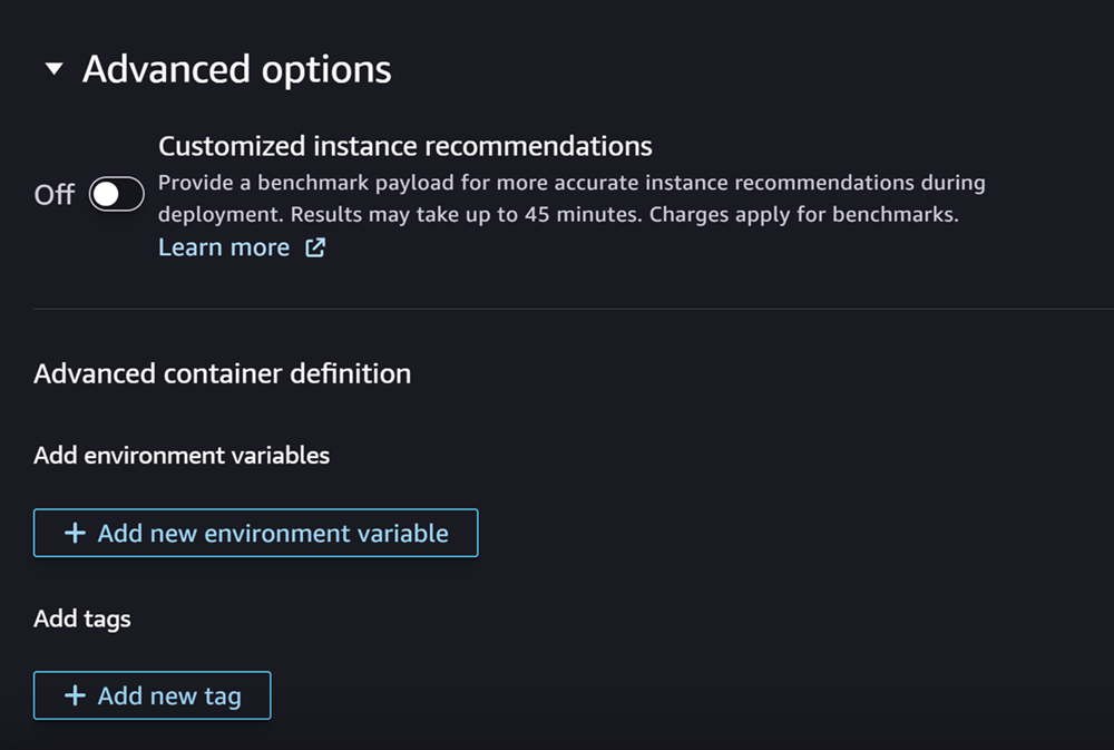 Capture d’écran de la section Options avancées pour créer un modèle dans Studio.