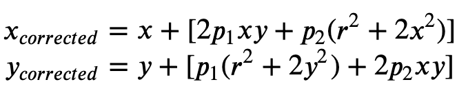 Formule 2 : équations pour x_ {corrigé} et y_ {corrigé}, pour corriger la distorsion tangentielle.