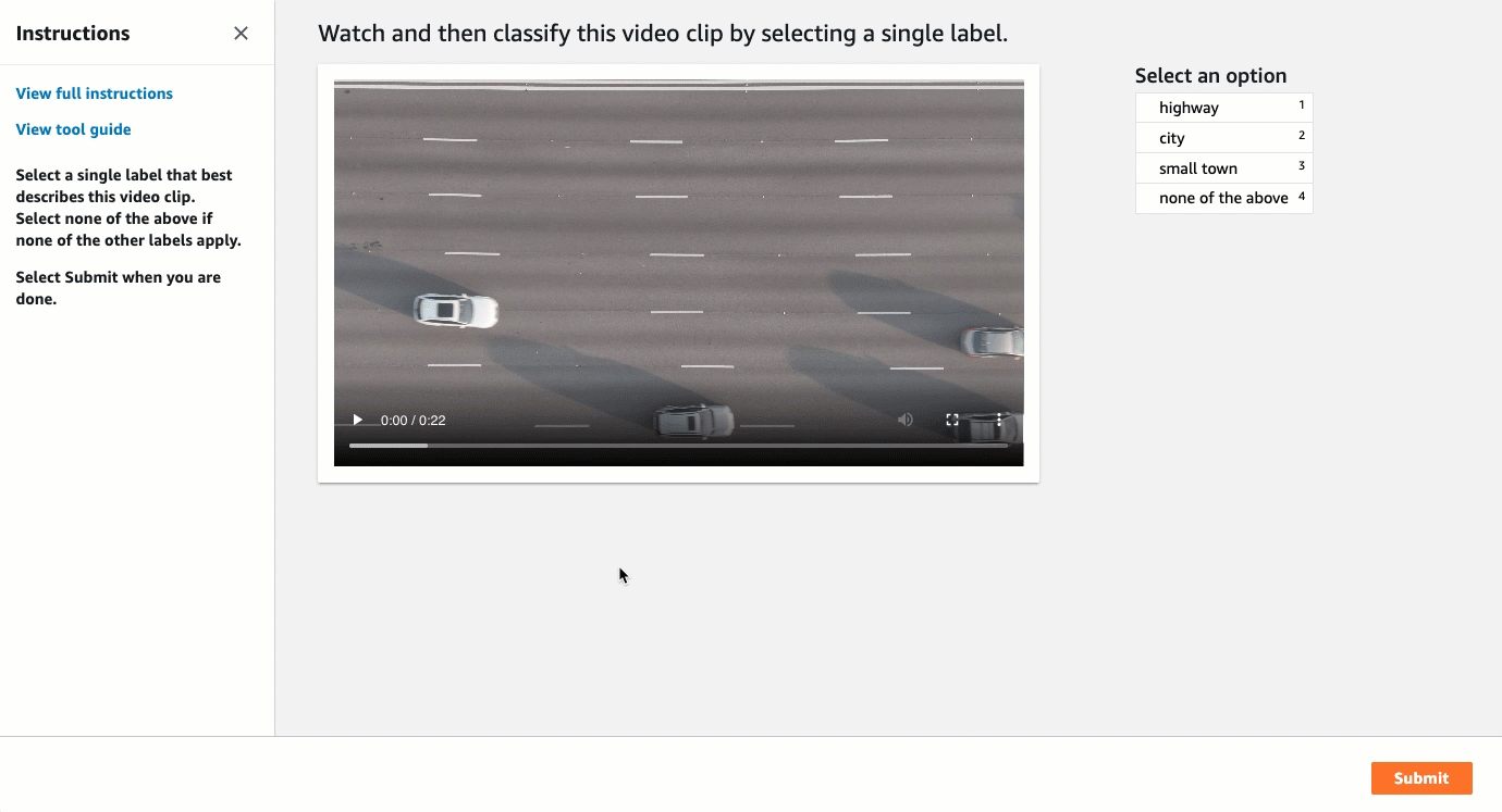 Gif montrant comment créer une tâche d'étiquetage de classification vidéo dans la console SageMaker AI.