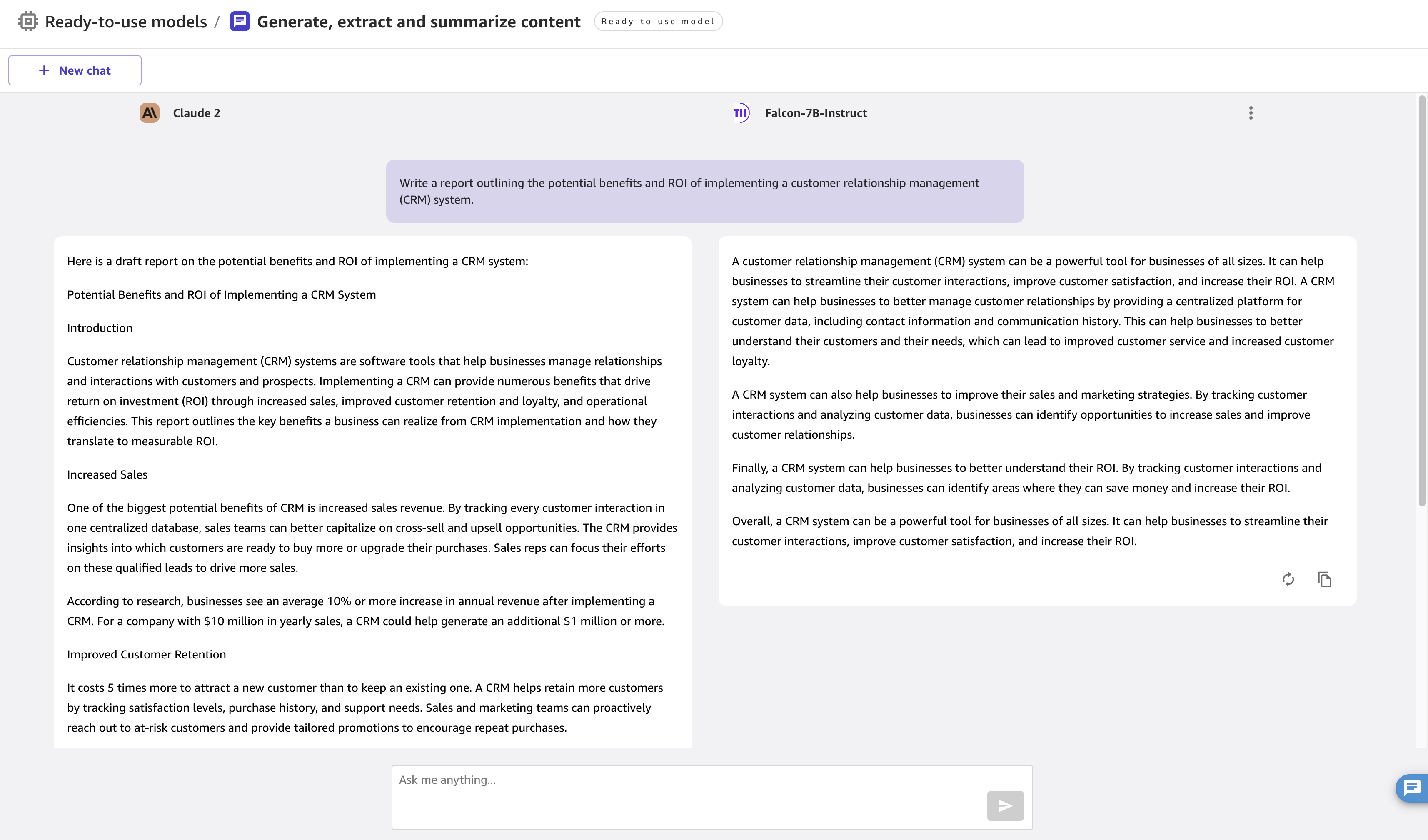 Capture d’écran de l’interface Canvas avec les résultats de deux modèles présentés côte à côte.