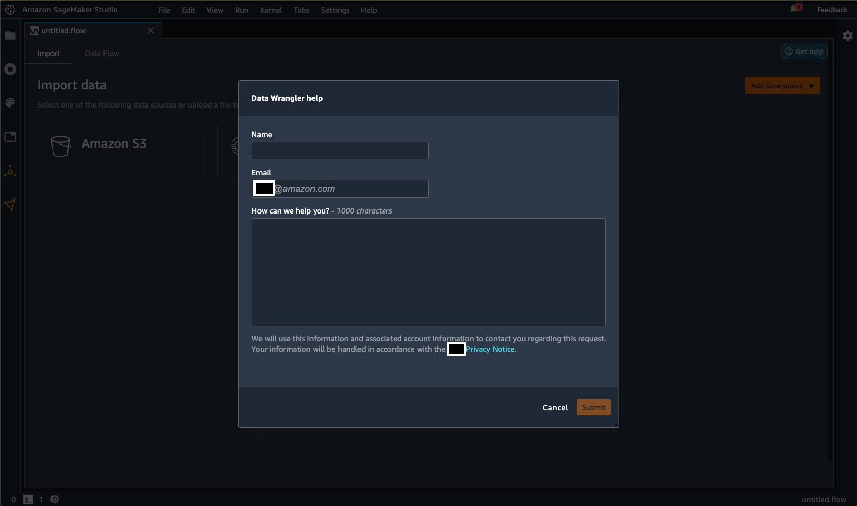Formulaire Aide Data Wrangler dans la console Data Wrangler.