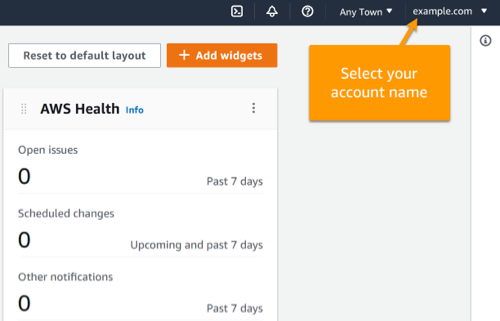 Le nom du compte de l'utilisateur connecté est surligné dans le AWS Management Console.