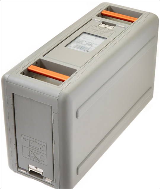 Appareil avec capots avant et supérieur fermés. Le boîtier de l'appareil est gris et les poignées sur le dessus sont oranges. L'écran E Ink est visible sur le dessus.