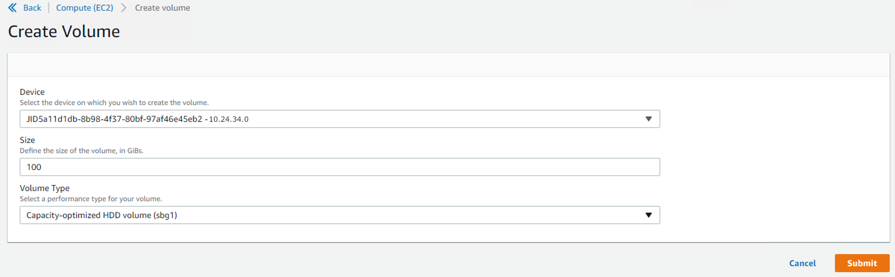 Page de création d'un volume