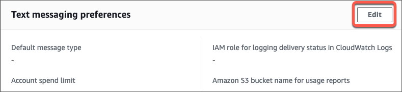 Section des préférences de messagerie texte dans la console Amazon SNS