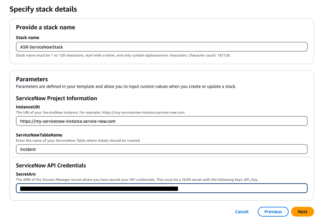 stack d'intégration du système de tickets servicenow