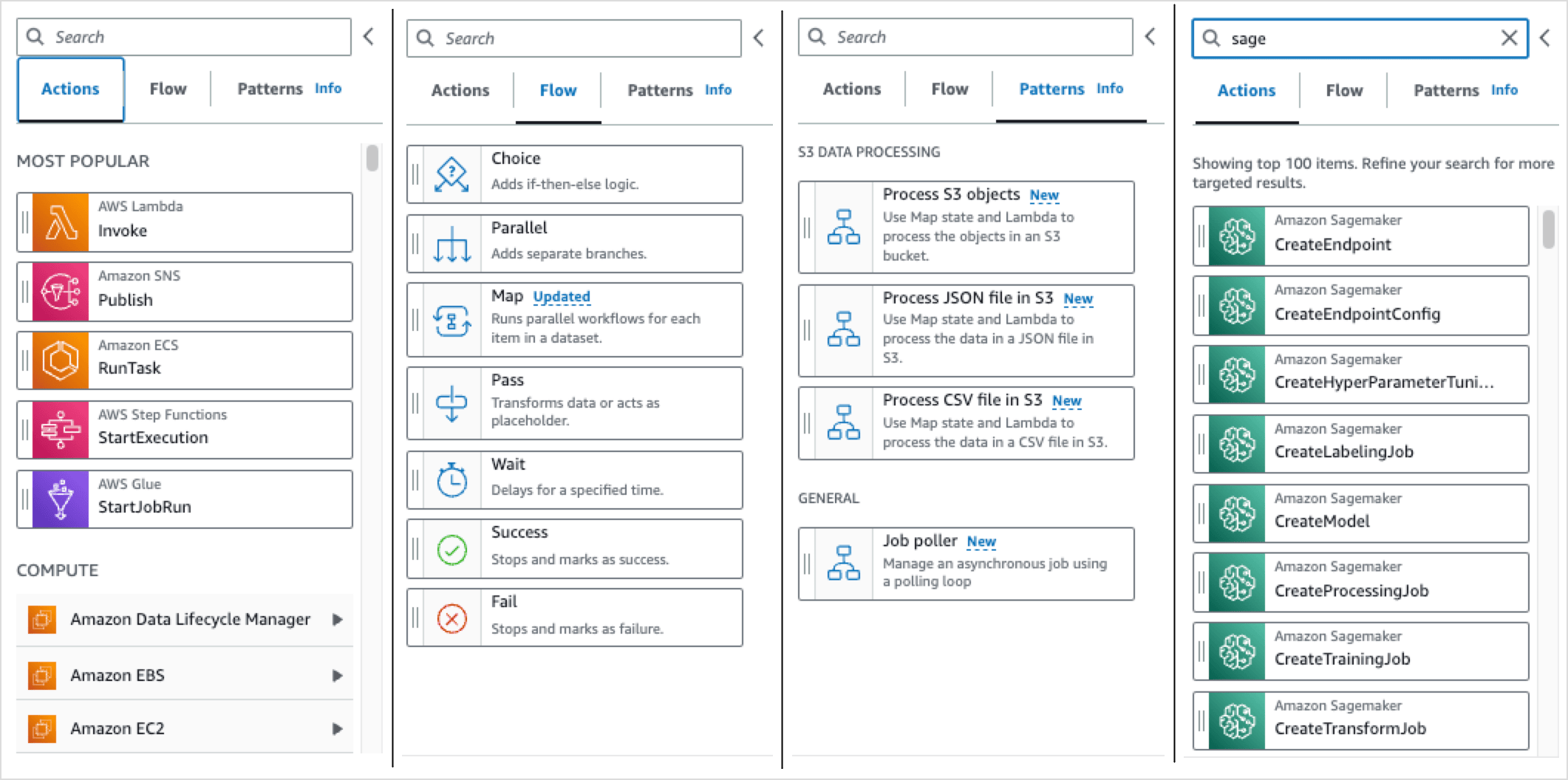 Collection illustrative de captures d'écran montrant les actions, le flux, les modèles et la recherche.