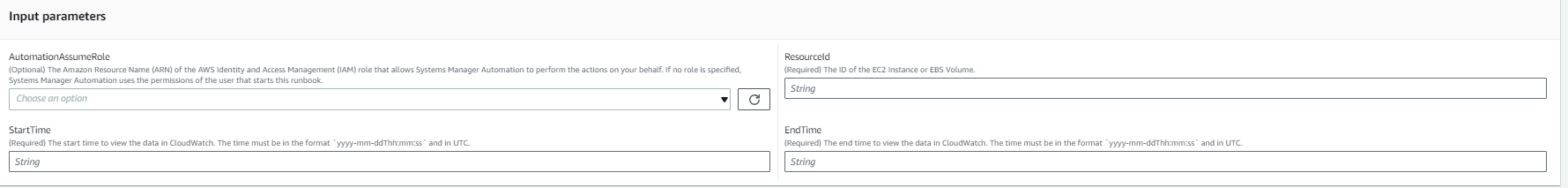 Input parameters form for AWS Systems Manager Automation with fields for role, resource ID, and time range.