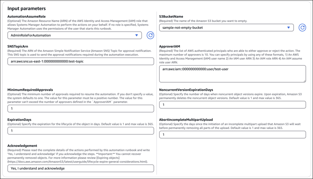 Image contenant des exemples de paramètres d'entrée pour le document AWSSupport-EmptyS 3Bucket.
