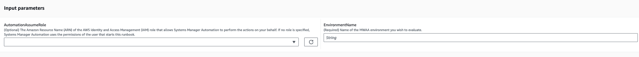 Input parameters form with AutomationAssumeRole and EnvironmentName fields for AWS Systems Manager Automation.