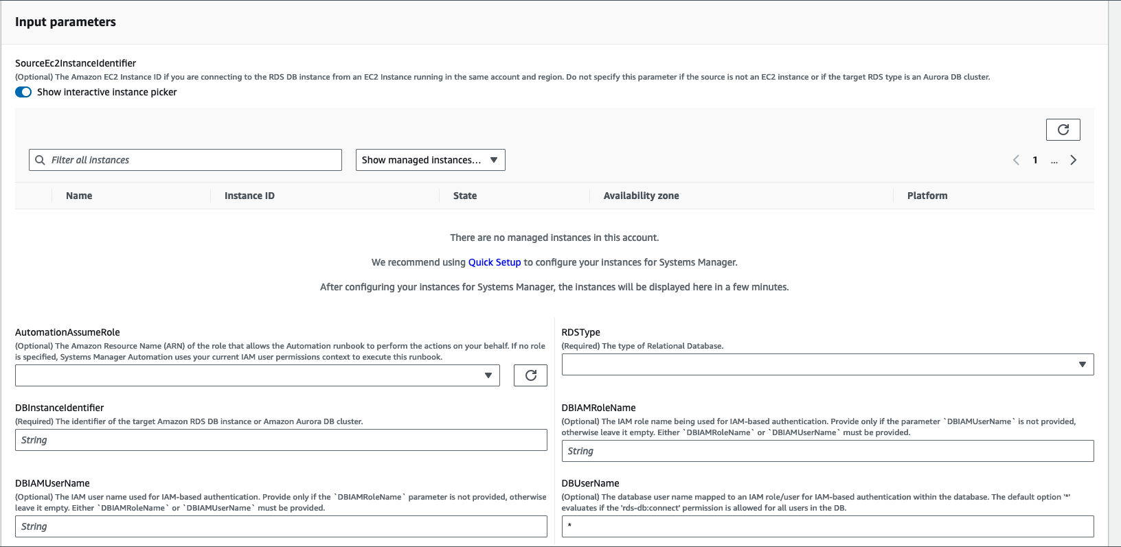 Input parameters form for AWS Systems Manager with fields for EC2 instance and database configuration.