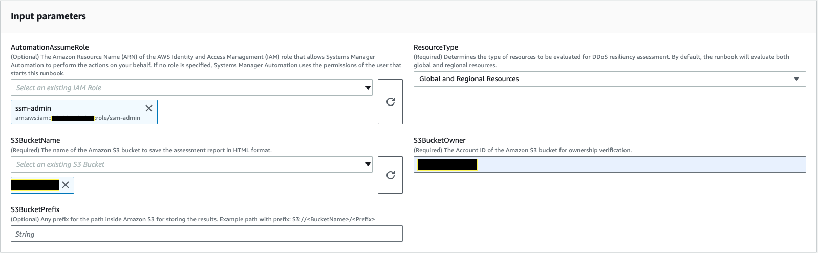 Input parameters form for AWS Systems Manager Automation with fields for role, resources, and S3 bucket settings.