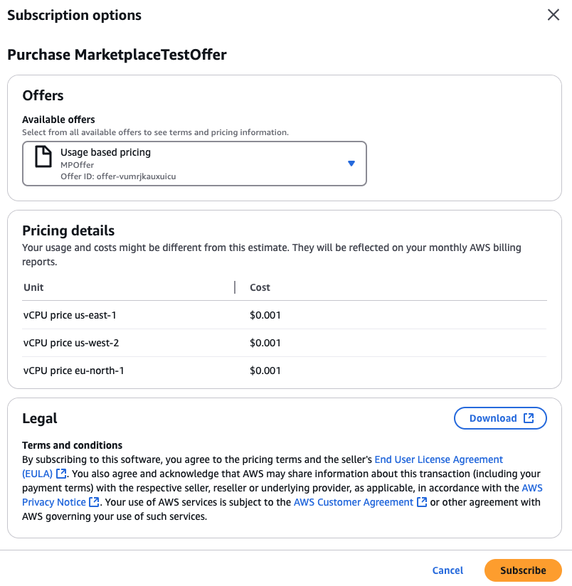 Formulaire d'options d'abonnement indiquant le détail des tarifs relatifs au coût par vCPU par heure d'instance pour chaque région.
