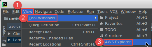 Ouverture d'AWS Explorer à partir du menu principal.