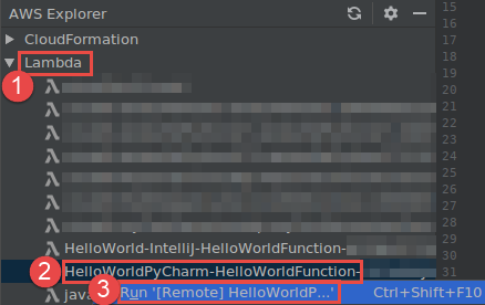 Exécution de la version à distance d'une fonction Lambda à partir d'AWS Explorer