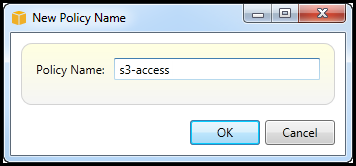 Dialog box for entering a new policy name, with "s3-access" typed in the input field.