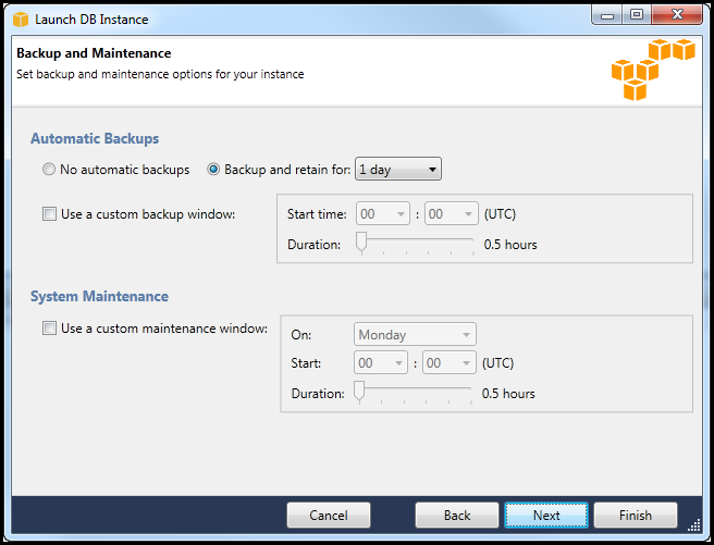 Backup and maintenance options interface for DB instance with automatic backup settings.