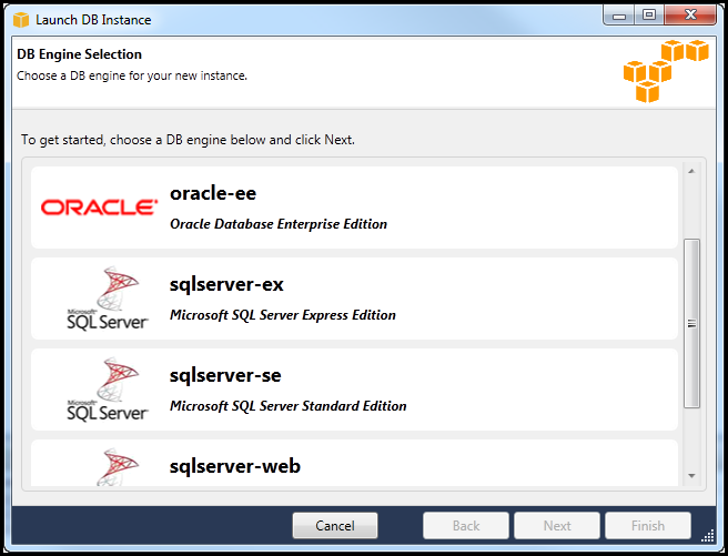DB Engine Selection dialog showing options for Oracle and Microsoft SQL Server databases.