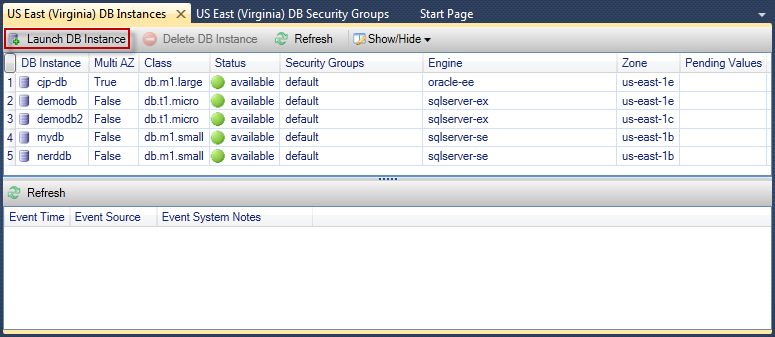 Database instances list showing multiple DB instances with their status and details.