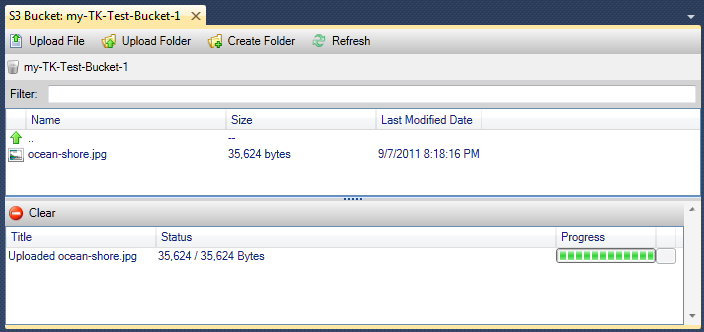 S3 bucket interface showing a single uploaded file with details and upload progress.