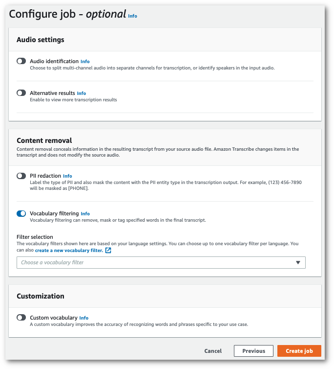 Amazon Transcribe capture d'écran de la console : la page « configurer le travail ».