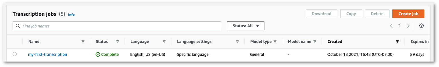 Amazon Transcribe capture d'écran de la console : la page de résumé des tâches de transcription.