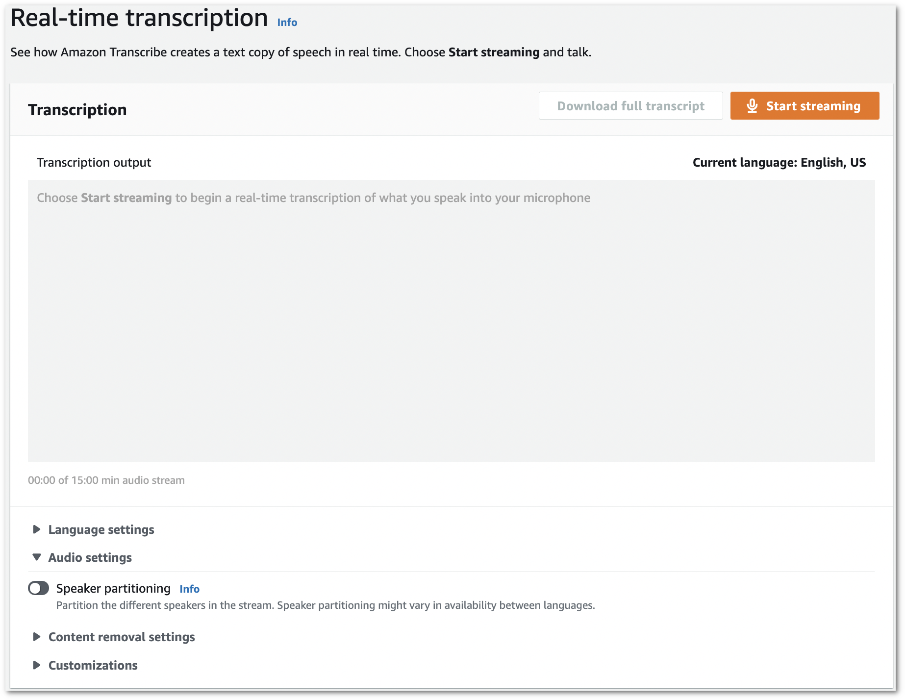 Amazon Transcribecapture d'écran de la console : l'onglet « paramètres audio » sur la page « transcription en temps réel ».