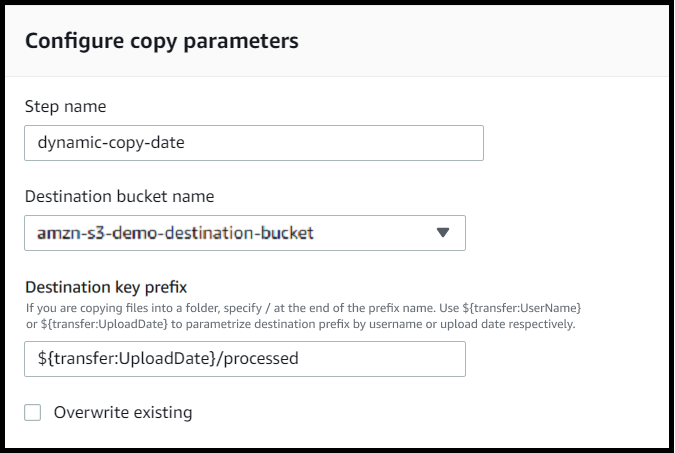 Écran de paramètres pour une étape de copie, montrant le compartiment et la clé, paramétrés à l'aide de. UploadDate