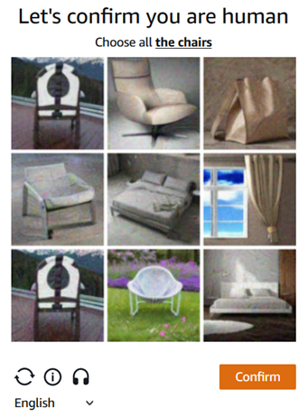 Un écran contient le titre « Confirmons que vous êtes un être humain » et le texte « Choisissez toutes les chaises ». Sous le texte se trouve une grille d'images 3 x 3, dont certaines contiennent des chaises et d'autres des objets autres que des chaises, tels que des lits et des fenêtres. Au bas de l'écran se trouvent des options permettant de charger un autre puzzle, d'afficher ou de désactiver la boîte d'informations, de passer à un puzzle audio et de changer de langue. En bas se trouve également le bouton « Confirmer ».