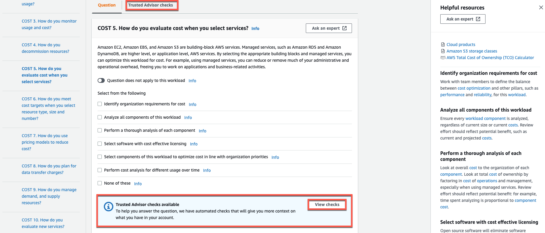 Capture d’écran de la notification indiquant que des vérifications Trusted Advisor sont disponibles sur la page Question.
