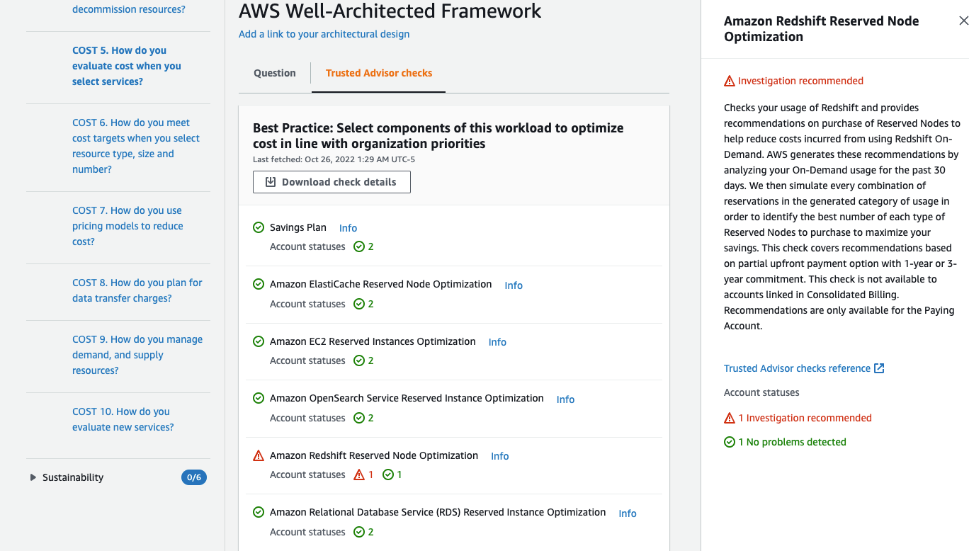 Capture d’écran de la page Contrôles Trusted Advisor.