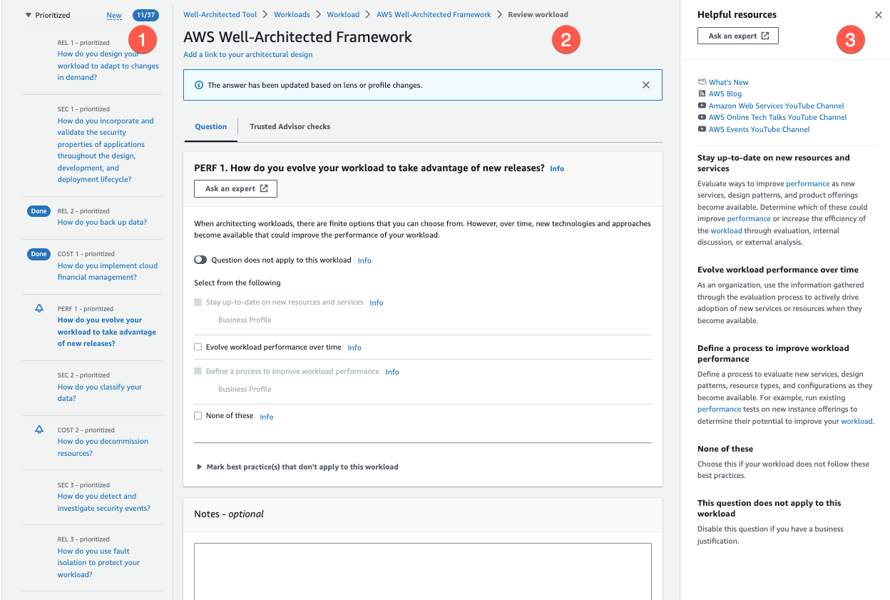Page Examiner la charge de travail présentant une question et des bonnes pratiques.