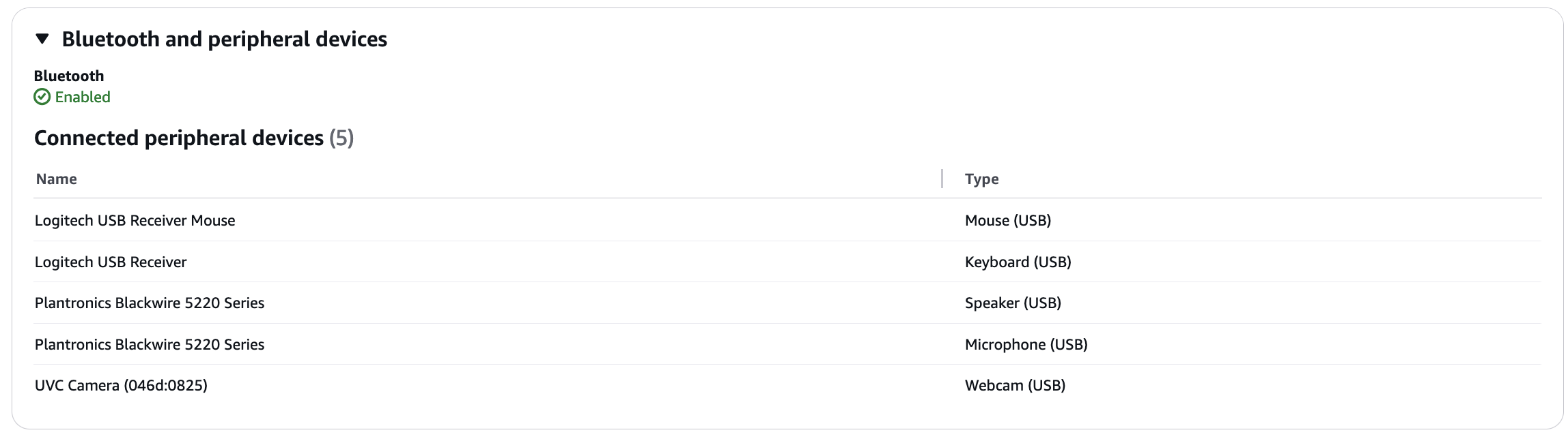 List of connected peripheral devices including mouse, keyboard, speaker, microphone, and webcam.