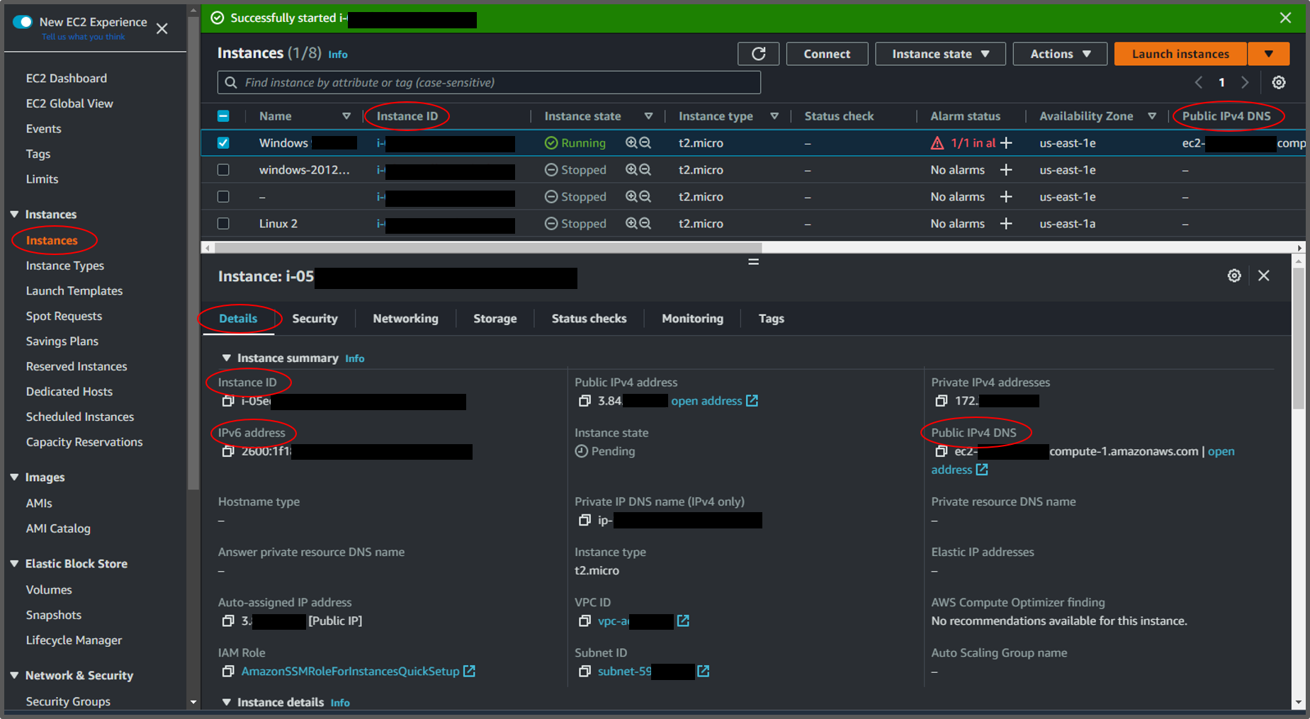 Panel Instans konsol Amazon EC2.